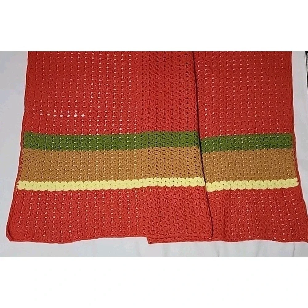 Large Handmade Crocheted Afghan, Orange Yellow Brown Green Stripes, 56‎ X 72